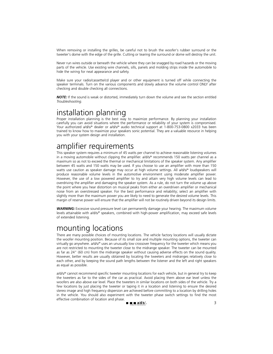 Installation planning, Amplifier requirements, Mounting locations | a/d/s/ 245ix User Manual | Page 4 / 18