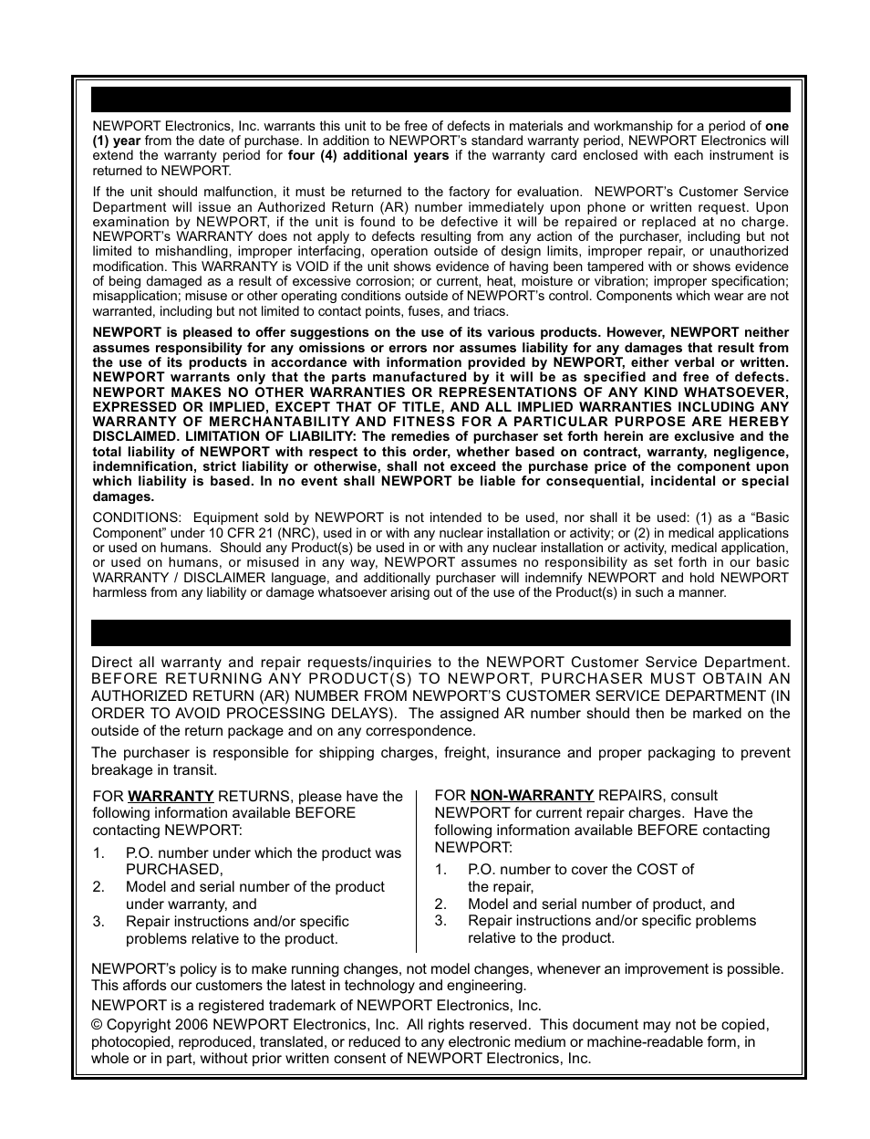 Warranty/disclaimer, Return requests/inquiries | NEWPORT iDRA Controller User Manual | Page 68 / 69
