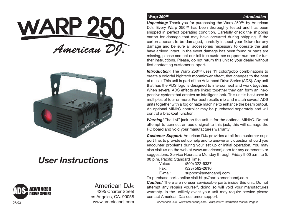 American DJ Warp 250 User Manual | 6 pages