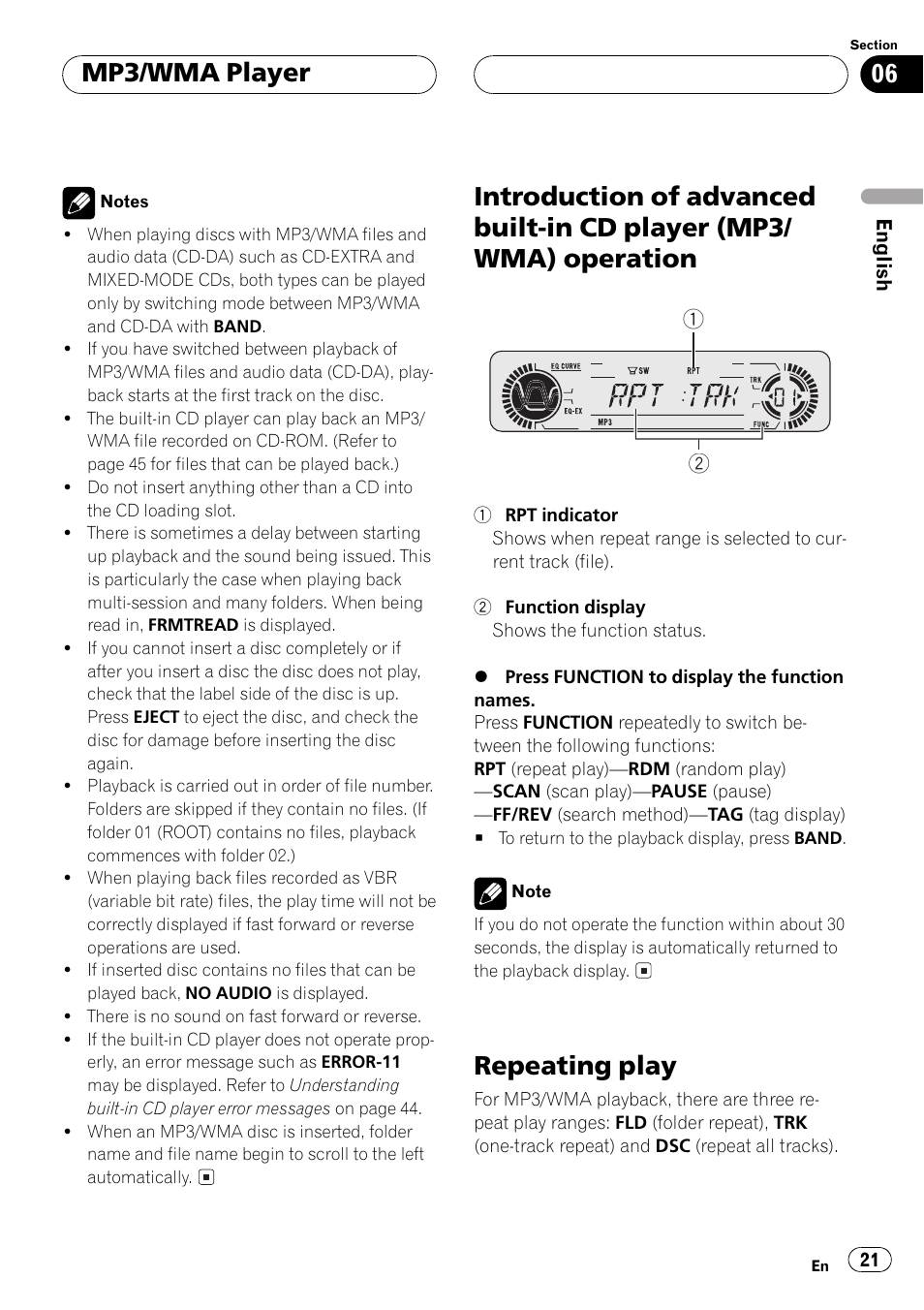 Repeating play, Mp3/wma player | Pioneer DEH-P5500MP User Manual | Page 21 / 65