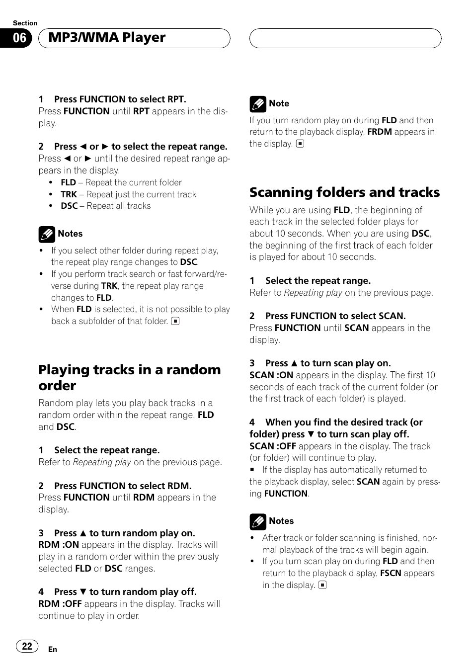 Playing tracks in a random order, Scanning folders and tracks, Mp3/wma player | Pioneer DEH-P5500MP User Manual | Page 22 / 65