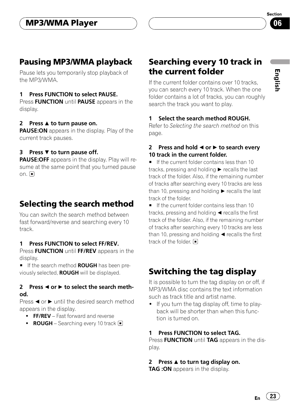 Pausing mp3/wma playback, Selecting the search method, Searching every10 track in the current folder | Switching the tag display, Mp3/wma player | Pioneer DEH-P5500MP User Manual | Page 23 / 65