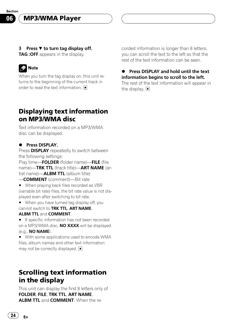 Displaying text information on mp3/wma disc, Scrolling text information in the display, Mp3/wma player | Pioneer DEH-P5500MP User Manual | Page 24 / 65
