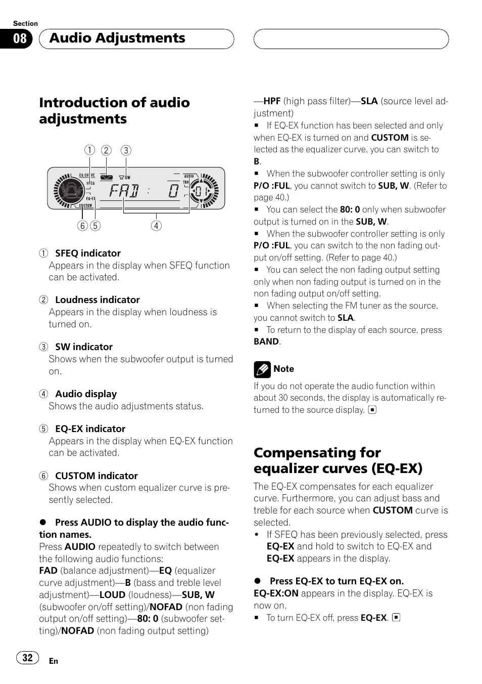 Audio adjustments, Eq-ex, Introduction of audio adjustments | Compensating for equalizer curves (eq-ex) | Pioneer DEH-P5500MP User Manual | Page 32 / 65