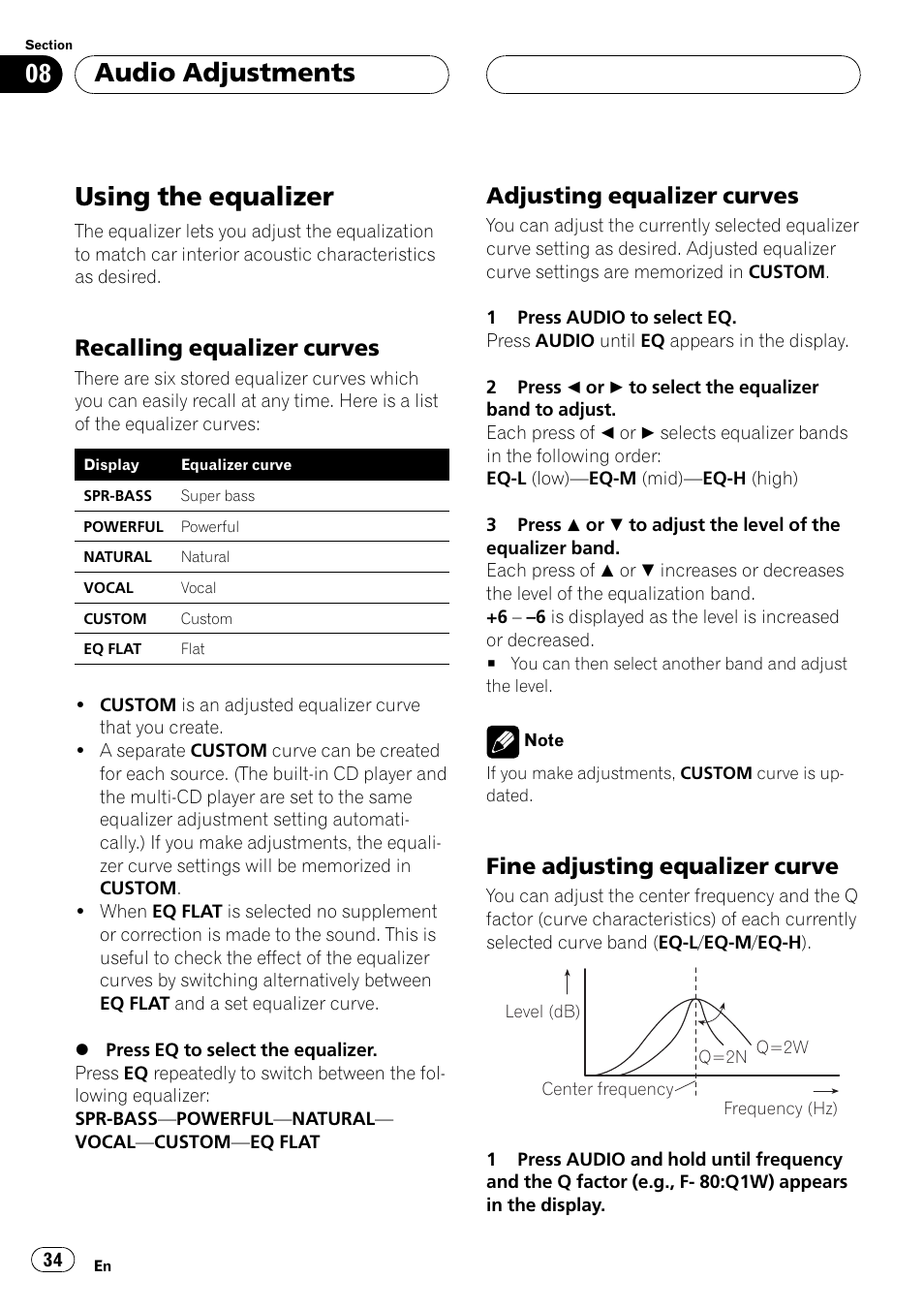 Equalizer, Using the equalizer, Audio adjustments | Recalling equalizer curves, Adjusting equalizer curves, Fine adjusting equalizer curve | Pioneer DEH-P5500MP User Manual | Page 34 / 65