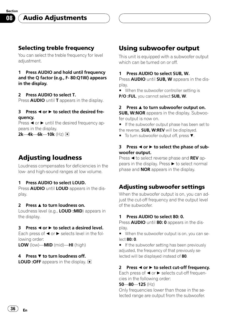 Loudness, Subwoofer output, Adjusting loudness | Using subwoofer output, Audio adjustments | Pioneer DEH-P5500MP User Manual | Page 36 / 65