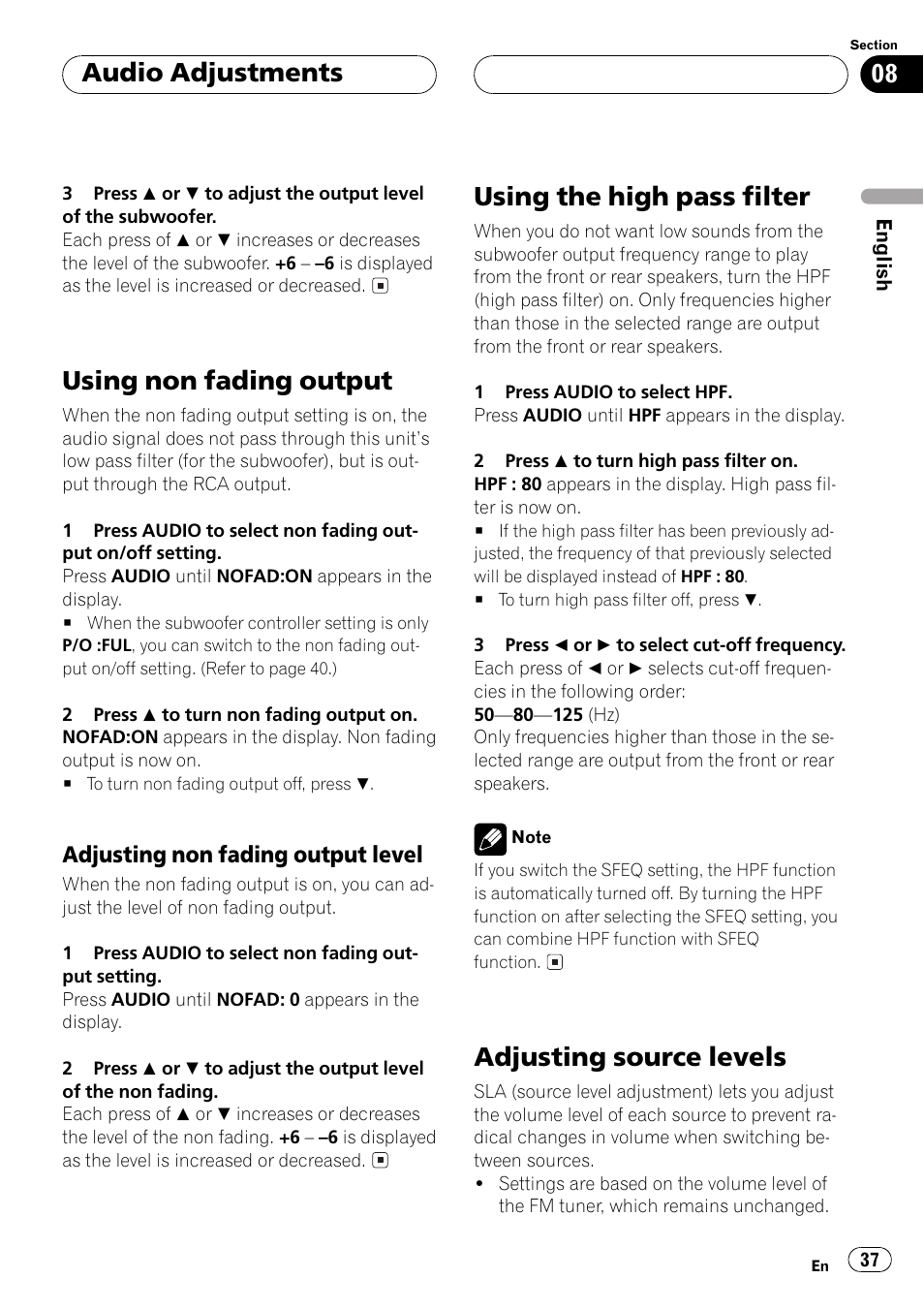 Non-fading output, Source level, Using non fading output | Using the high pass filter, Adjusting source levels, Audio adjustments | Pioneer DEH-P5500MP User Manual | Page 37 / 65