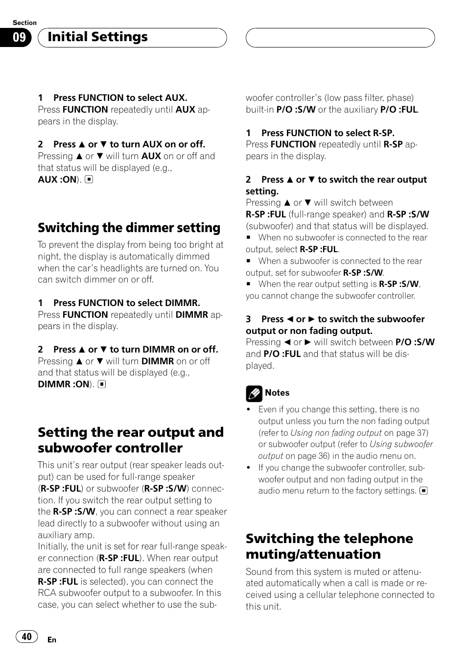 Dimmer, Rear / sub controller, Tel mute / attenuation | Switching the dimmer setting, Setting the rear output and subwoofer controller, Switching the telephone muting/attenuation, Initial settings | Pioneer DEH-P5500MP User Manual | Page 40 / 65
