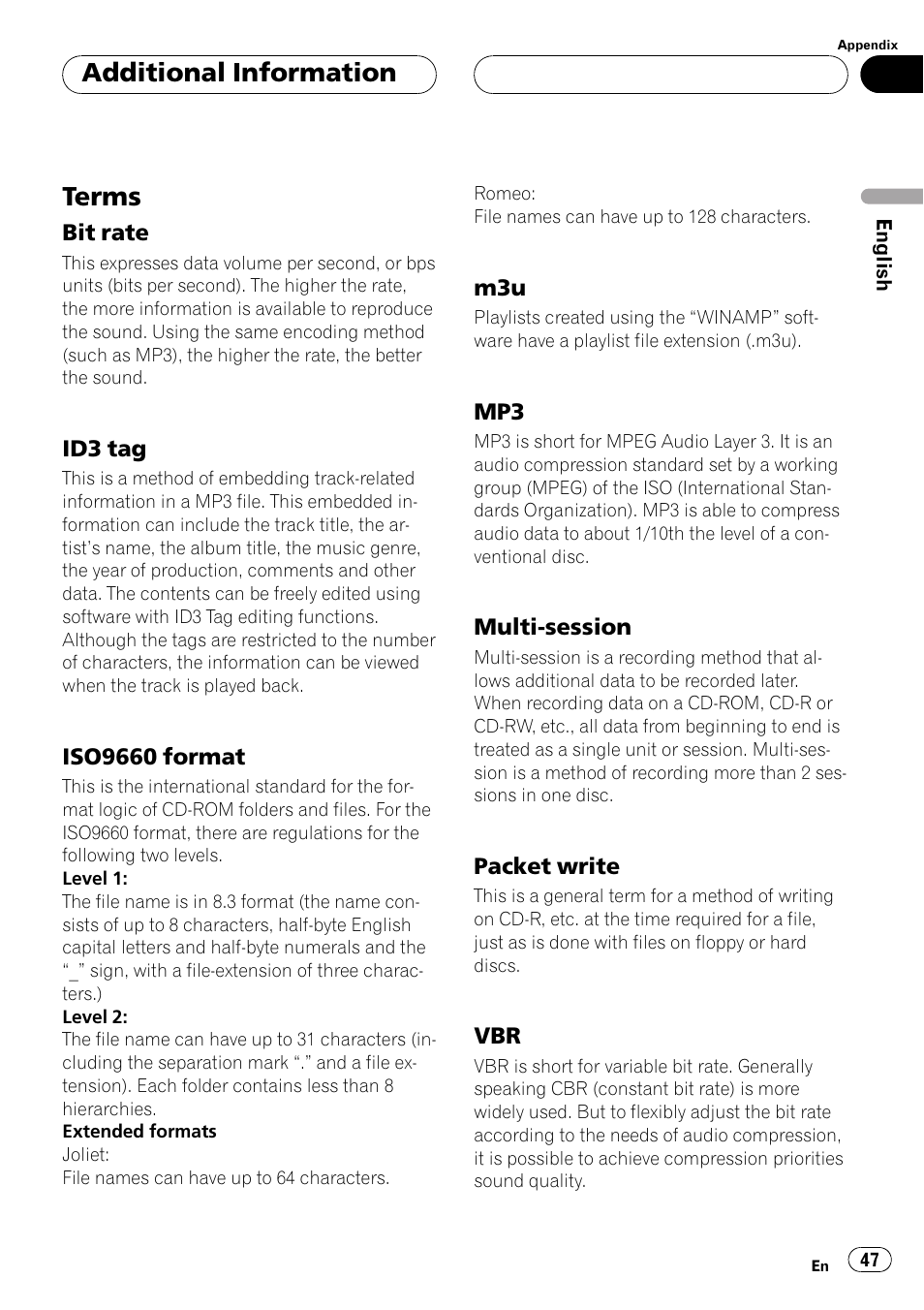 Glossary, Terms, Additional information | Pioneer DEH-P5500MP User Manual | Page 47 / 65
