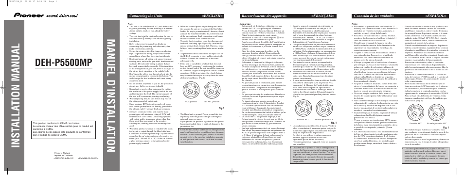 Installation, Inst alla tion manual manuel d’inst alla tion, Deh-p5500mp | Connecting the units <english, Raccordements des appareils <français, Conexión de las unidades <español | Pioneer DEH-P5500MP User Manual | Page 52 / 65
