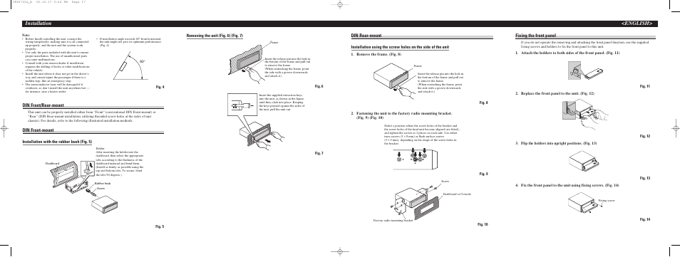 Fixing faceplate to unit, Installation <english, Din rear-mount | Din front/rear-mount, Din front-mount, Fixing the front panel, Installation with the rubber bush (fig. 5), Removing the unit (fig. 6) (fig. 7) | Pioneer DEH-P5500MP User Manual | Page 59 / 65