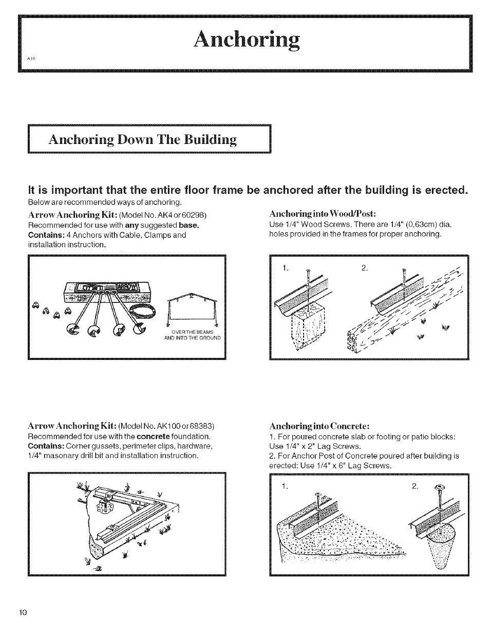 Anchoring down the building, Arrow anchoring kit, Anchoring into w ood/post | Anchoring into concrete | Arrow Storage Products KM1010 User Manual | Page 10 / 32
