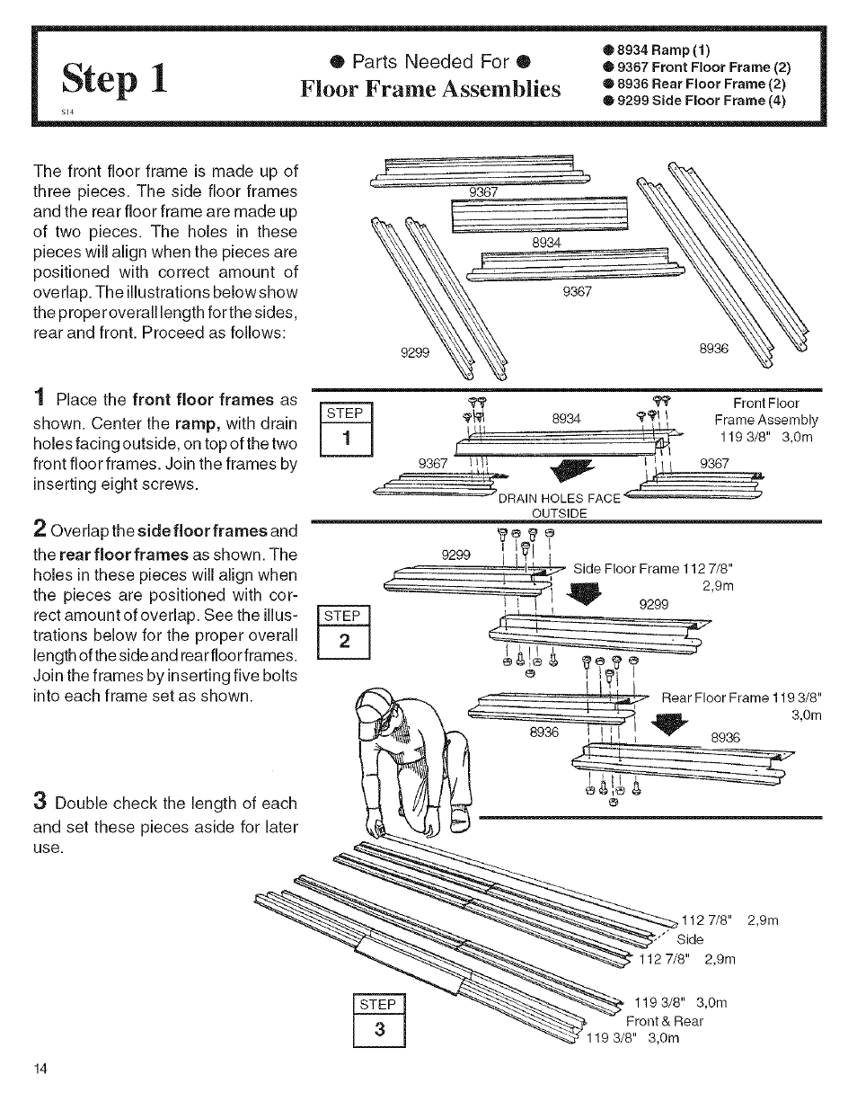 Parts needed for • floor frame assemblies, Step 1, Floor frame assemblies | Arrow Storage Products KM1010 User Manual | Page 14 / 32