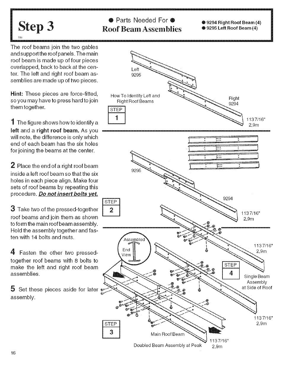 Parts needed for, Step 3, Roof beam assemblies | Arrow Storage Products KM1010 User Manual | Page 16 / 32