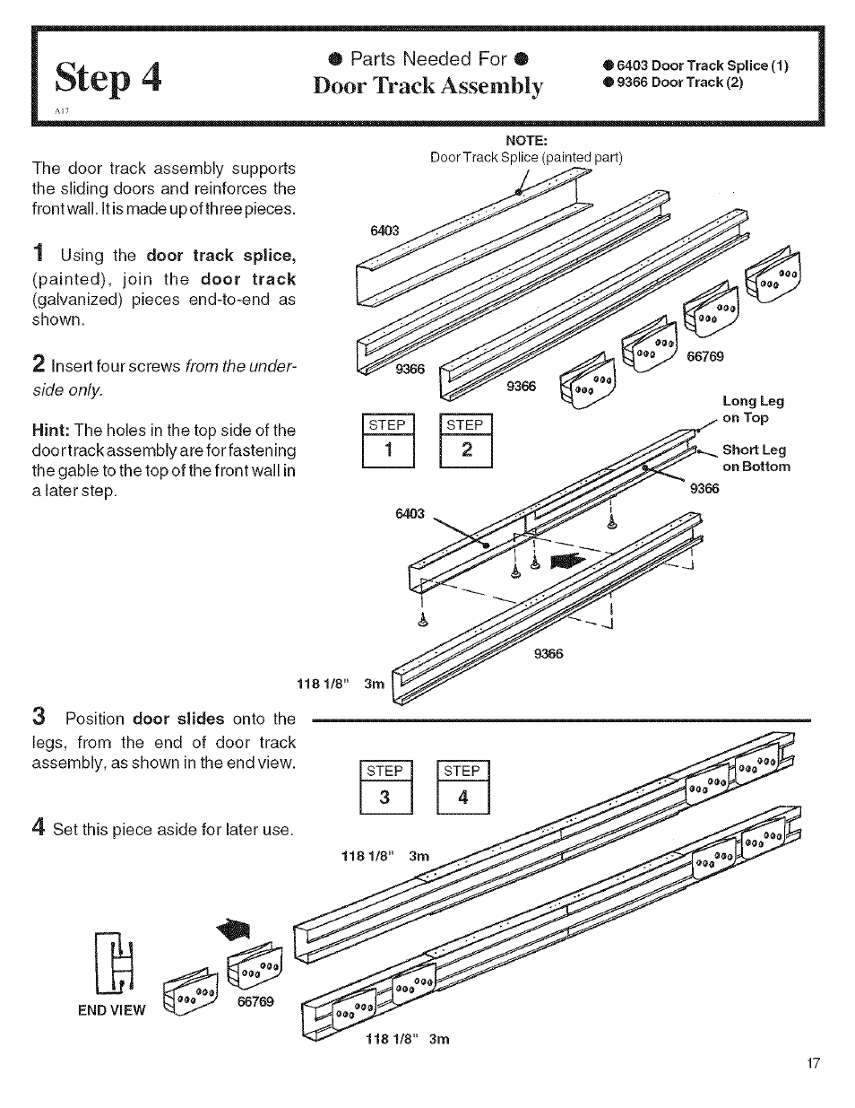 Parts needed for • door track assembly, 1 using the door track splice, Step 4 | Door track assembly | Arrow Storage Products KM1010 User Manual | Page 17 / 32