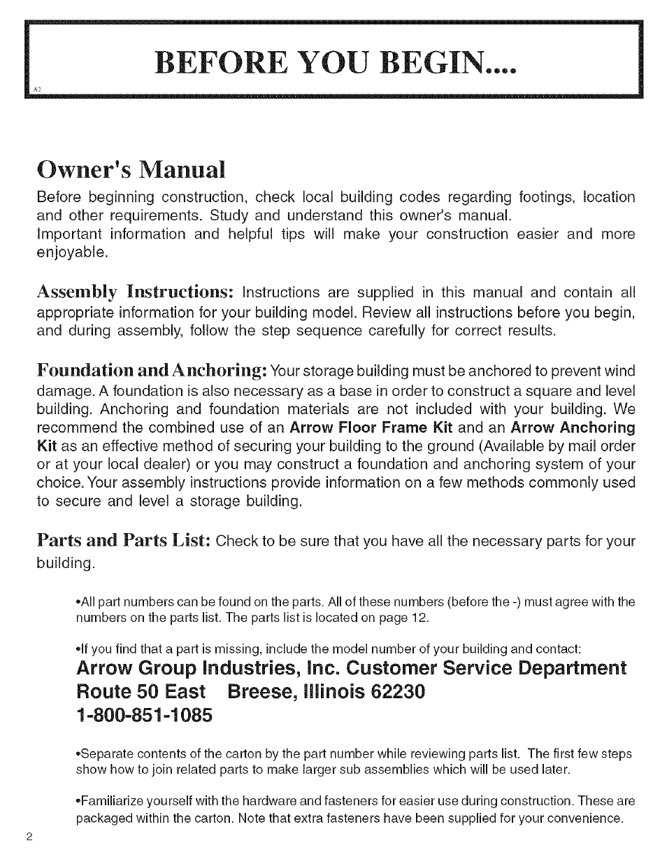 Owner's manual, Assembly instructions, Foundation and anchoring | Parts and parts list | Arrow Storage Products KM1010 User Manual | Page 2 / 32