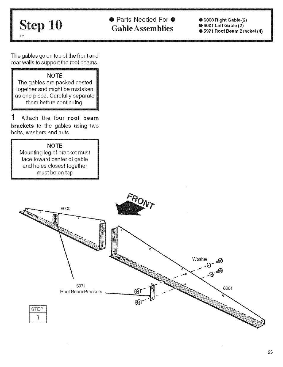 Note, Step 10, Gable assemblies | Arrow Storage Products KM1010 User Manual | Page 23 / 32