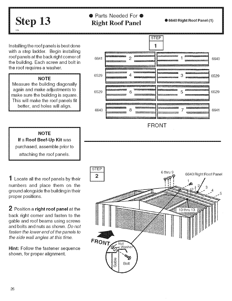 Step 13, Right roof panel, Note | Arrow Storage Products KM1010 User Manual | Page 26 / 32