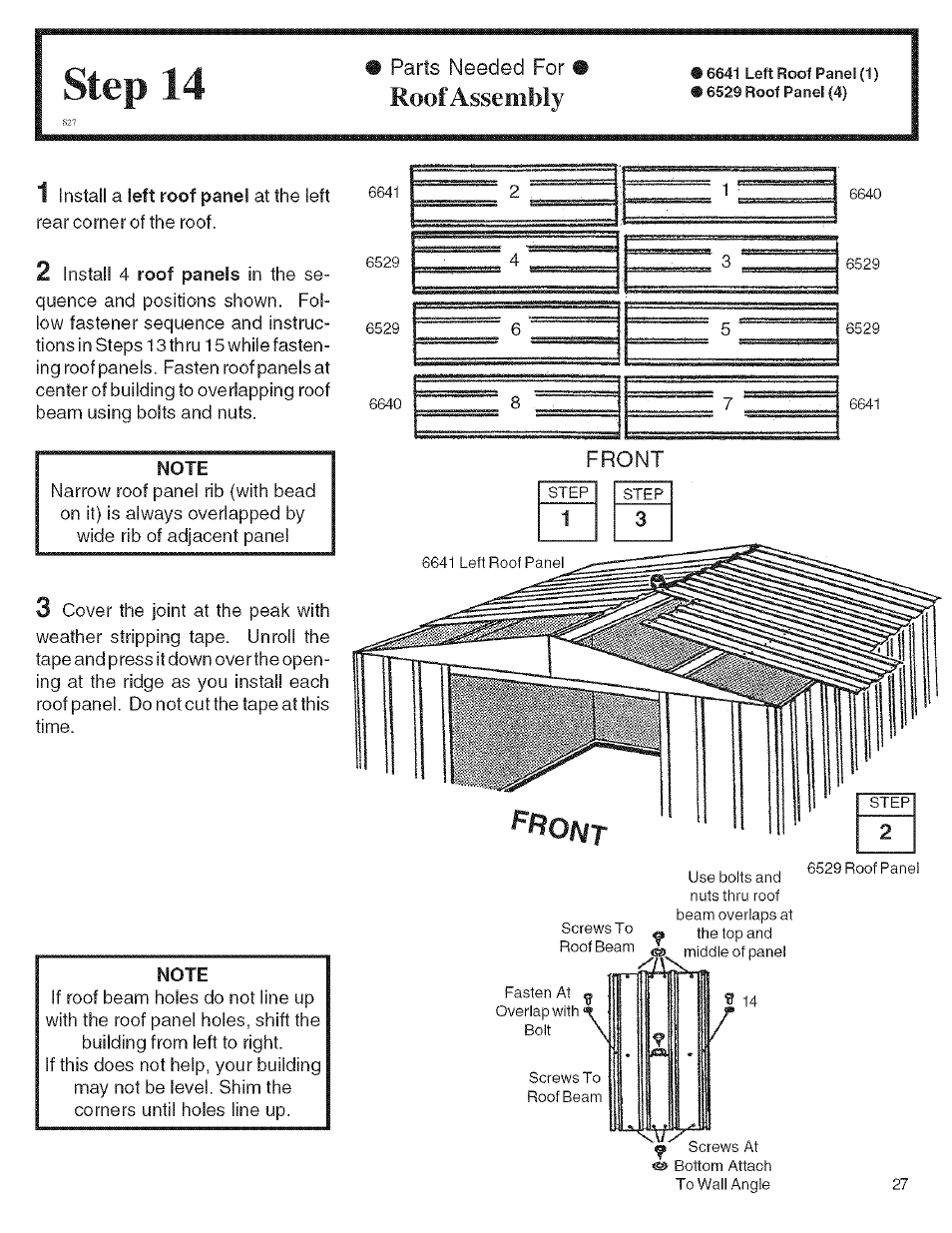 Step 14, Roof assembly, Note | Arrow Storage Products KM1010 User Manual | Page 27 / 32