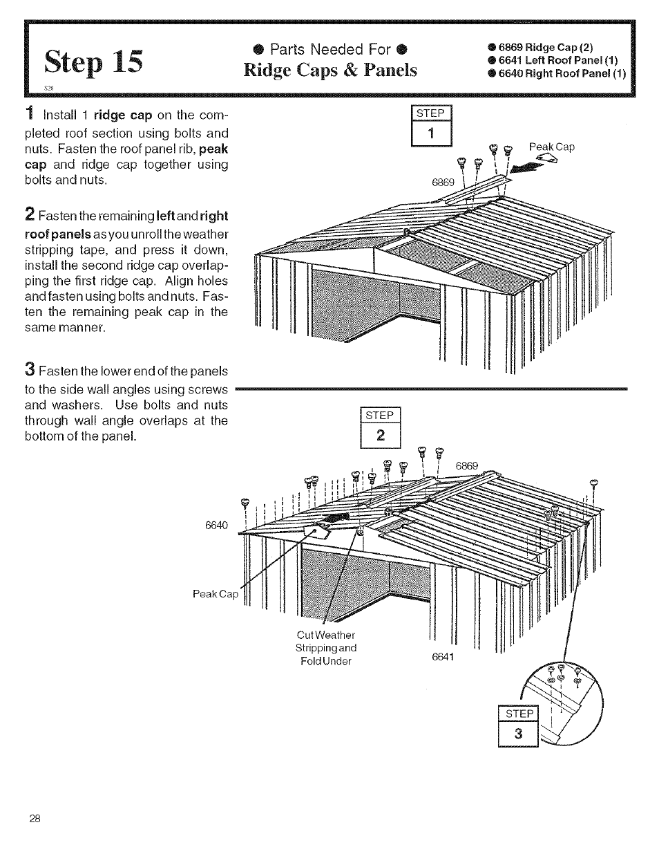 Parts needed for • ridge caps & panels, Step 15, Ridge caps & panels | Arrow Storage Products KM1010 User Manual | Page 28 / 32