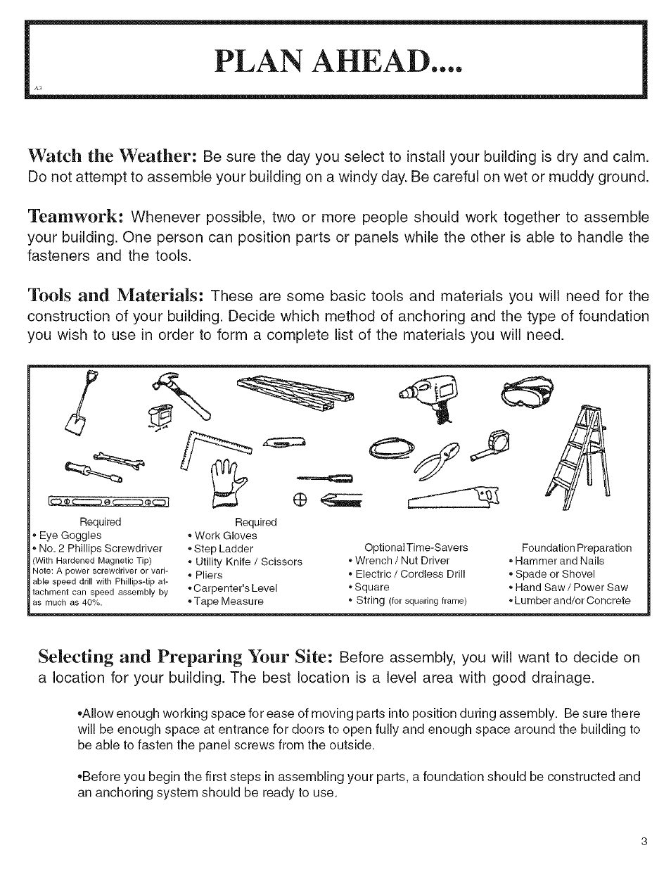 Watch the weather, Teamwork, Tools and materials | Selecting and preparing your site | Arrow Storage Products KM1010 User Manual | Page 3 / 32