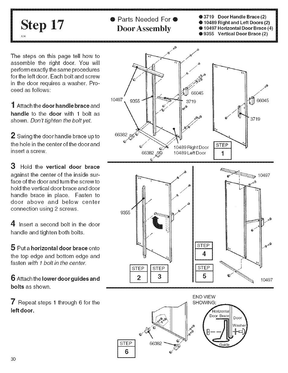 Step 17, 3 hold the vertical door brace, Door assembly | Arrow Storage Products KM1010 User Manual | Page 30 / 32