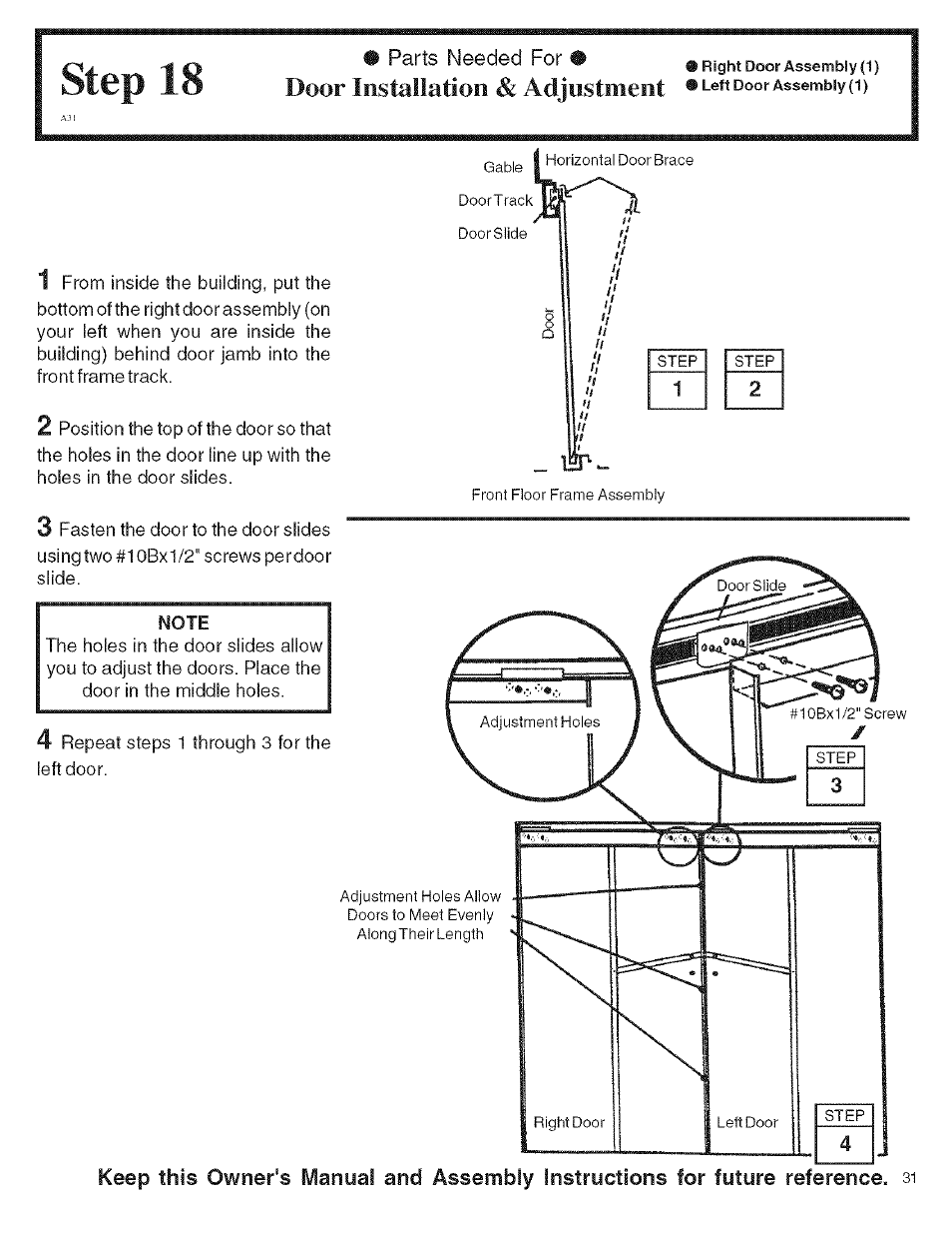 Parts needed for, Door installation & adjustment, Step 18 | Arrow Storage Products KM1010 User Manual | Page 31 / 32