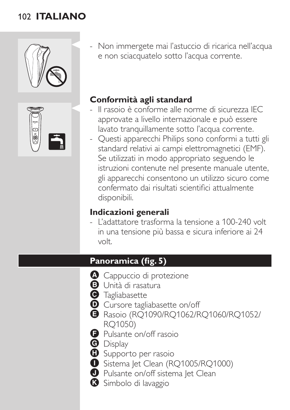 Conformità agli standard, Indicazioni generali, Panoramica (fig. 5) | Philips Elektrorasierer User Manual | Page 100 / 192