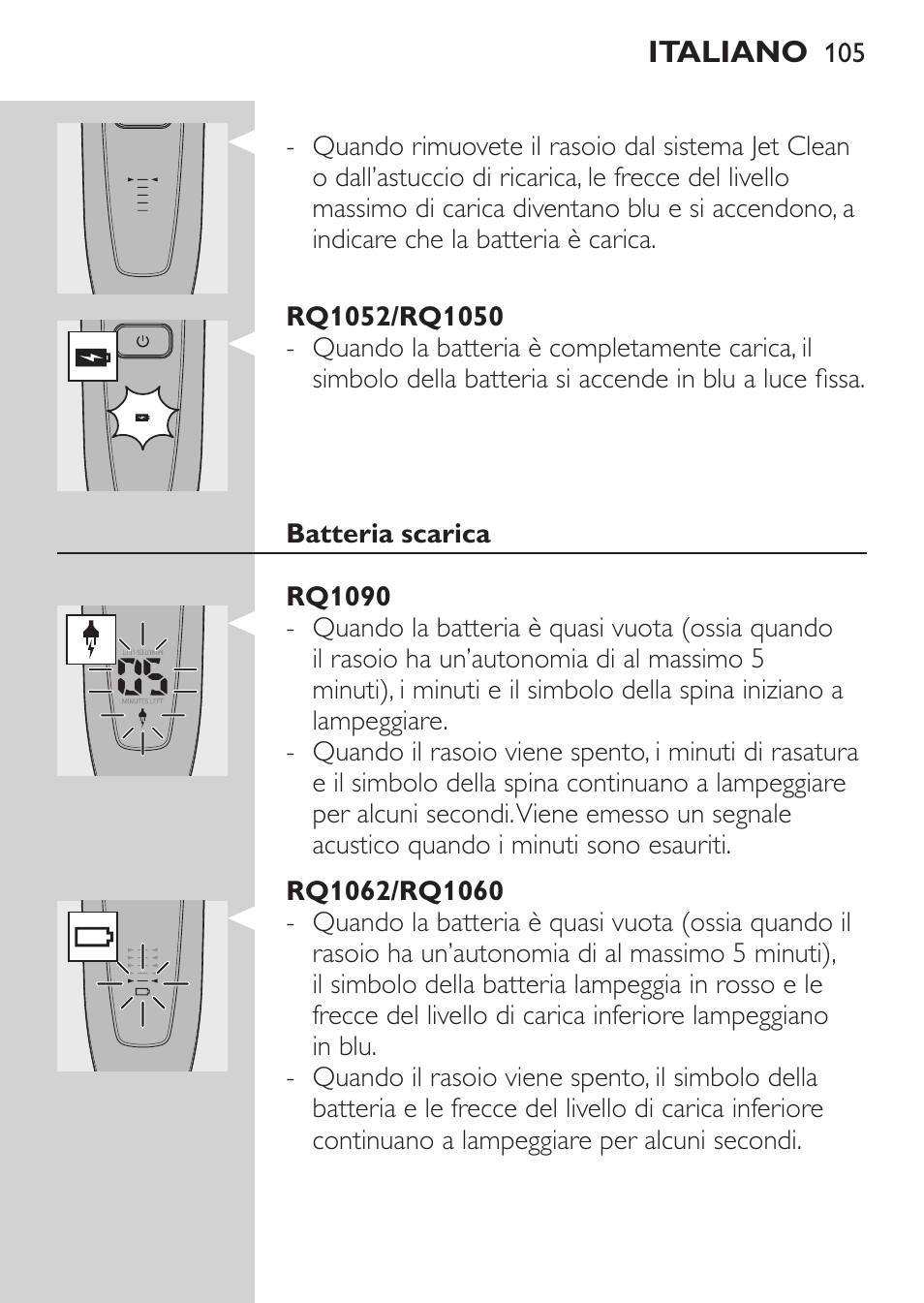 Rq1052/rq1050, Batteria scarica, Rq1090 | Rq1062/rq1060 | Philips Elektrorasierer User Manual | Page 103 / 192