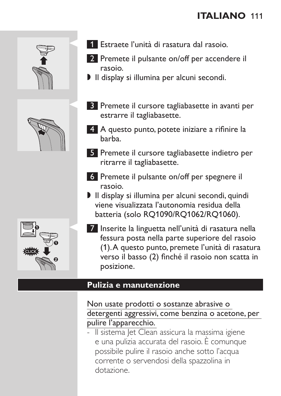 Modalità d’uso del rasoio, Modalità di depilazione, Rifinitura | Philips Elektrorasierer User Manual | Page 109 / 192