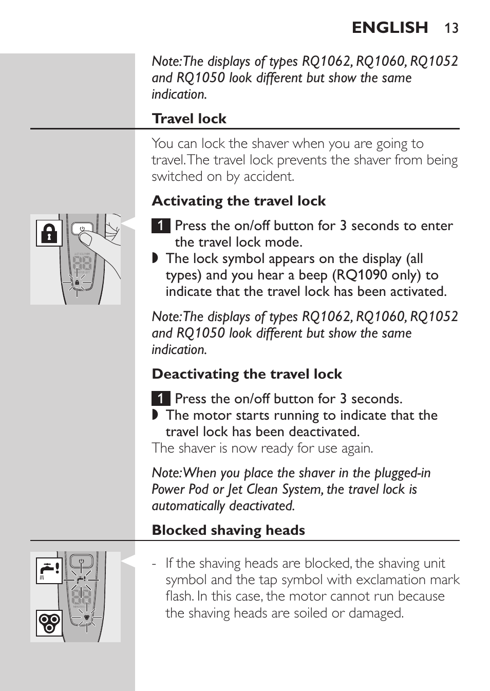Travel lock, Activating the travel lock, Deactivating the travel lock | Blocked shaving heads | Philips Elektrorasierer User Manual | Page 11 / 192