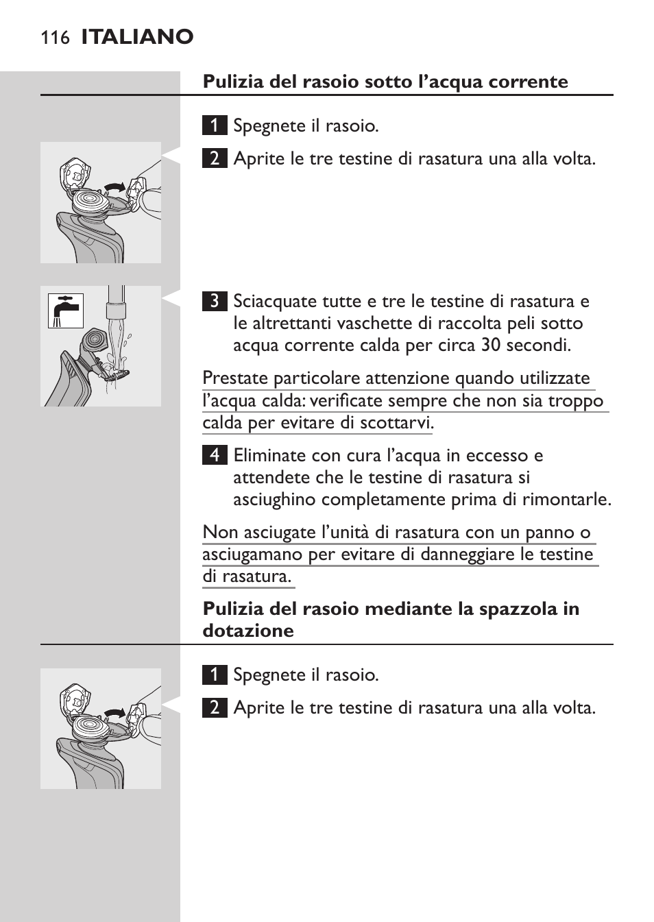 Pulizia del rasoio sotto l’acqua corrente | Philips Elektrorasierer User Manual | Page 114 / 192