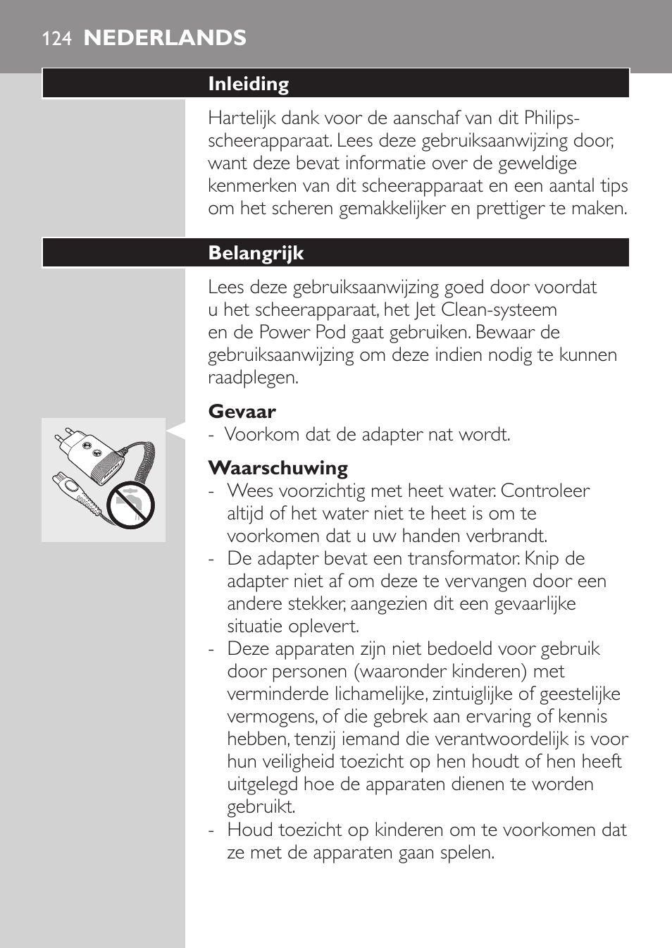 Gevaar, Waarschuwing, Nederlands | Inleiding, Belangrijk | Philips Elektrorasierer User Manual | Page 122 / 192
