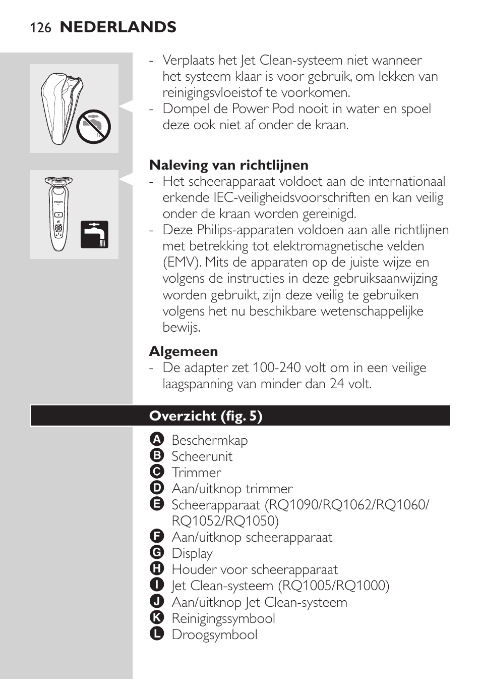 Naleving van richtlijnen, Algemeen, Overzicht (fig. 5) | Philips Elektrorasierer User Manual | Page 124 / 192