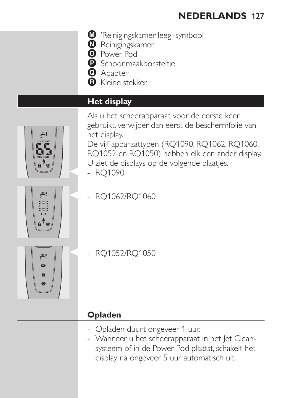 Het display, Opladen | Philips Elektrorasierer User Manual | Page 125 / 192