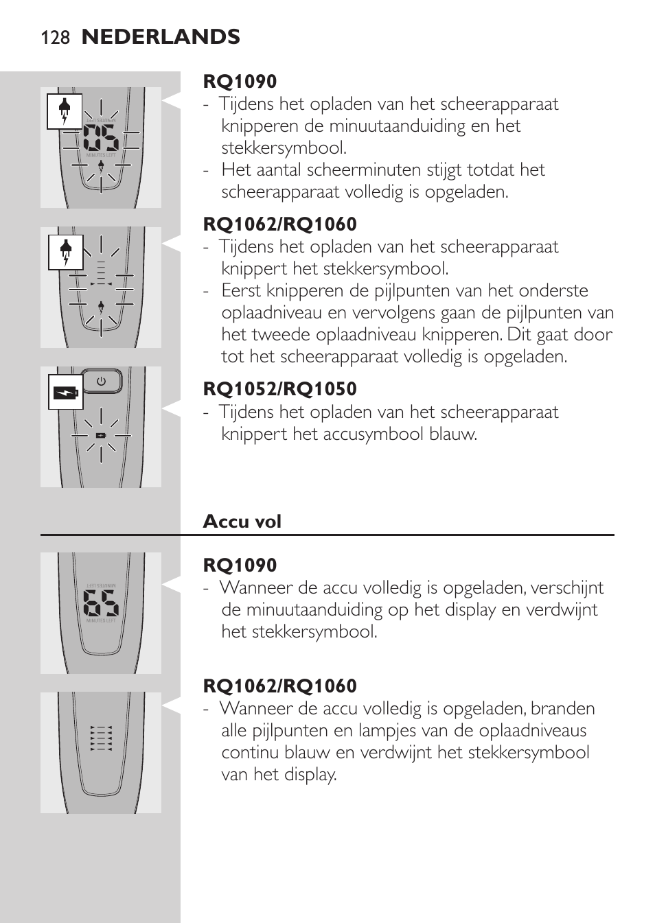 Rq1090, Rq1062/rq1060, Rq1052/rq1050 | Accu vol | Philips Elektrorasierer User Manual | Page 126 / 192