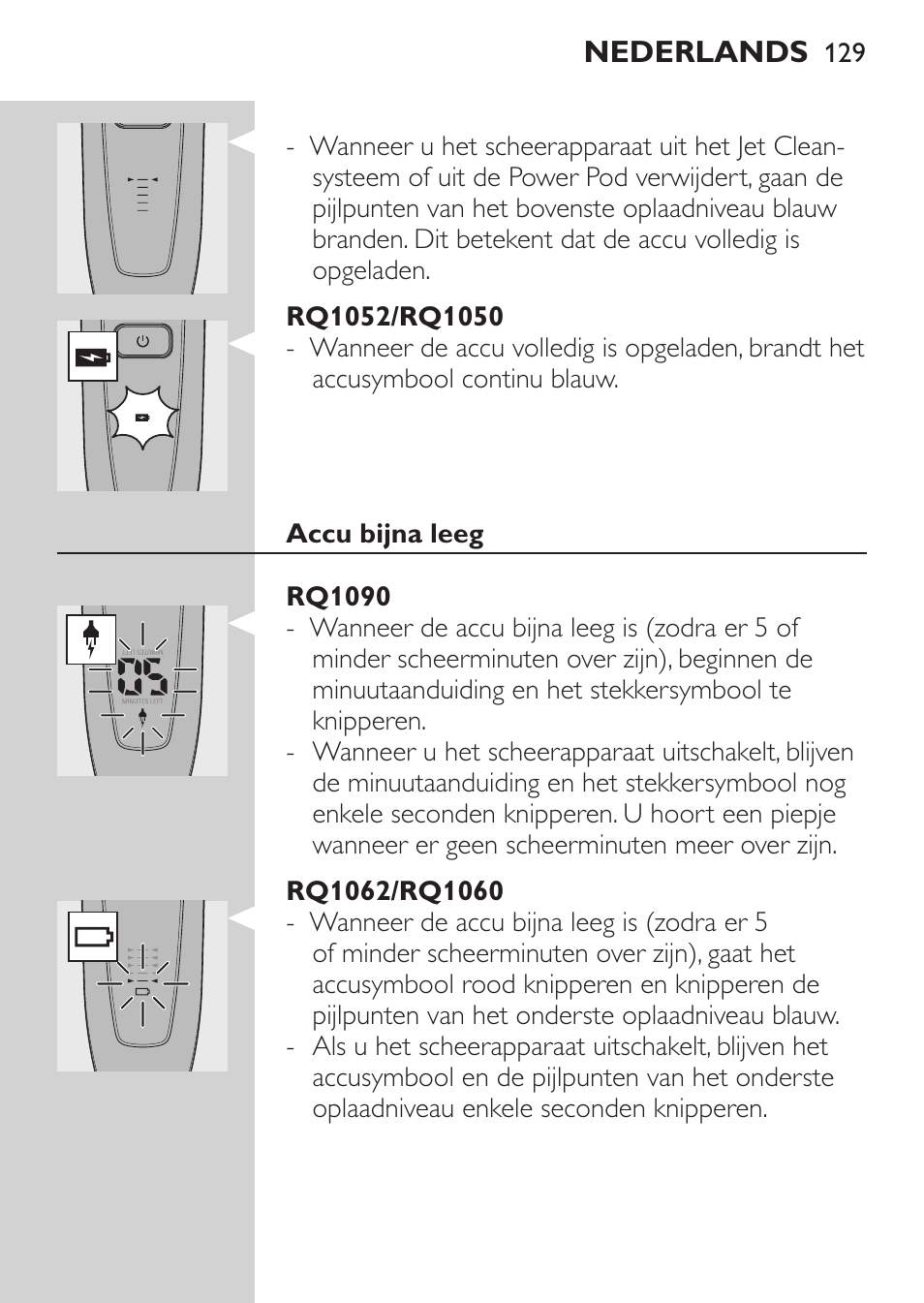 Rq1052/rq1050, Accu bijna leeg, Rq1090 | Rq1062/rq1060 | Philips Elektrorasierer User Manual | Page 127 / 192