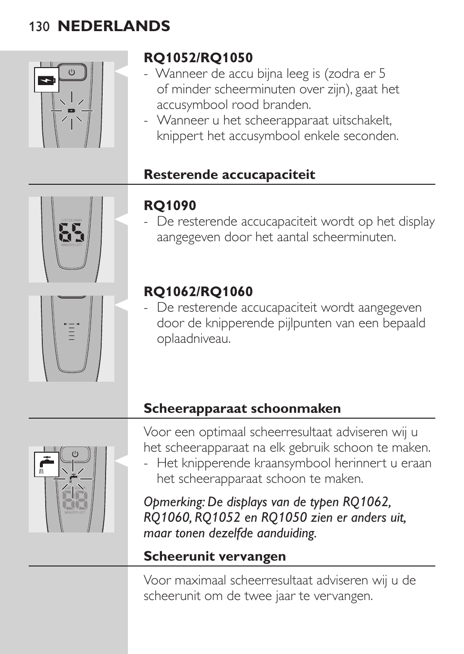 Rq1052/rq1050, Resterende accucapaciteit, Rq1090 | Rq1062/rq1060, Scheerapparaat schoonmaken, Scheerunit vervangen | Philips Elektrorasierer User Manual | Page 128 / 192