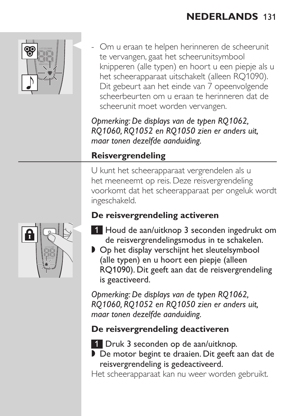 Reisvergrendeling, De reisvergrendeling activeren, De reisvergrendeling deactiveren | Philips Elektrorasierer User Manual | Page 129 / 192