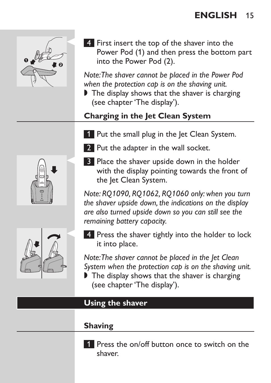 Charging in the jet clean system, Using the shaver, Shaving | Philips Elektrorasierer User Manual | Page 13 / 192