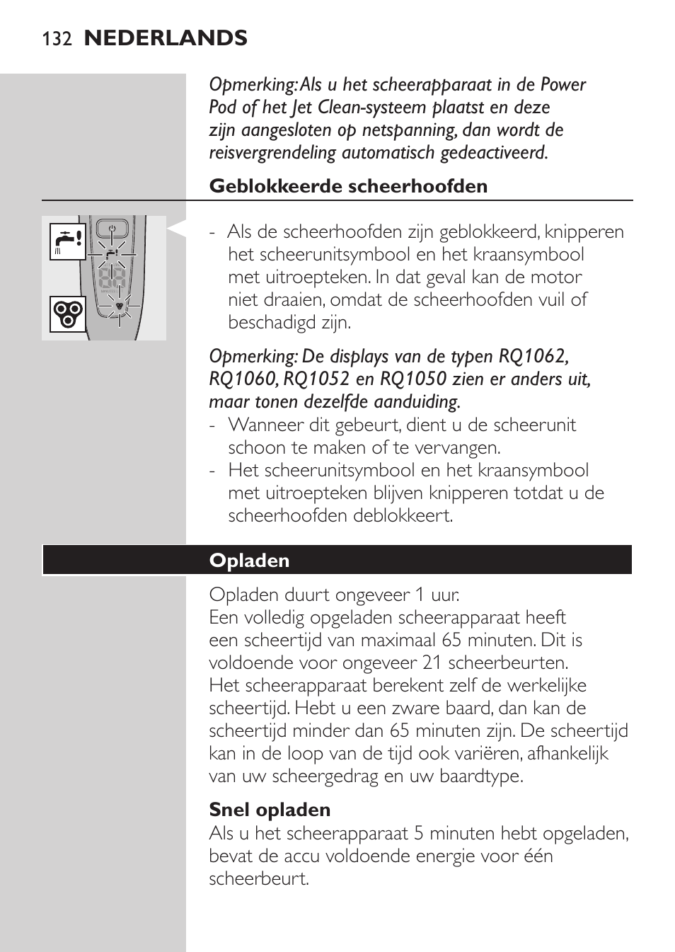 Geblokkeerde scheerhoofden, Snel opladen, Opladen | Philips Elektrorasierer User Manual | Page 130 / 192
