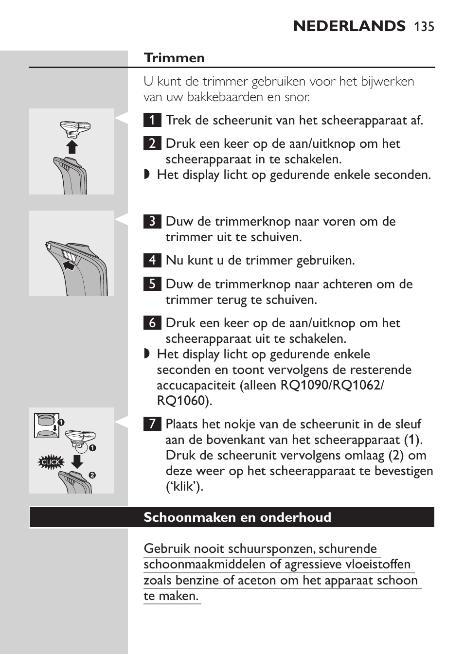 Het scheerapparaat gebruiken, Scheren, Trimmen | Philips Elektrorasierer User Manual | Page 133 / 192
