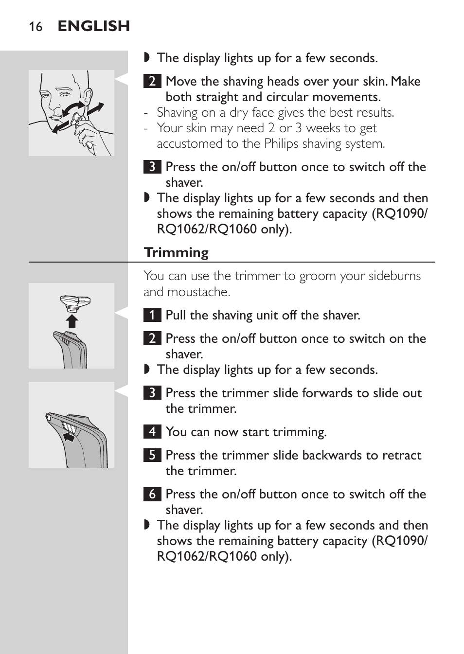 Trimming | Philips Elektrorasierer User Manual | Page 14 / 192