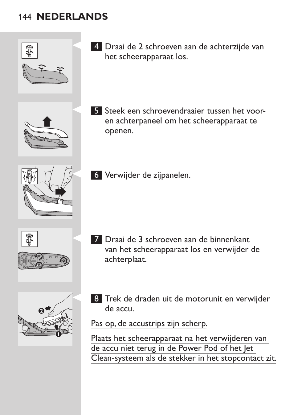 Milieu, De accu van het scheerapparaat verwijderen | Philips Elektrorasierer User Manual | Page 142 / 192