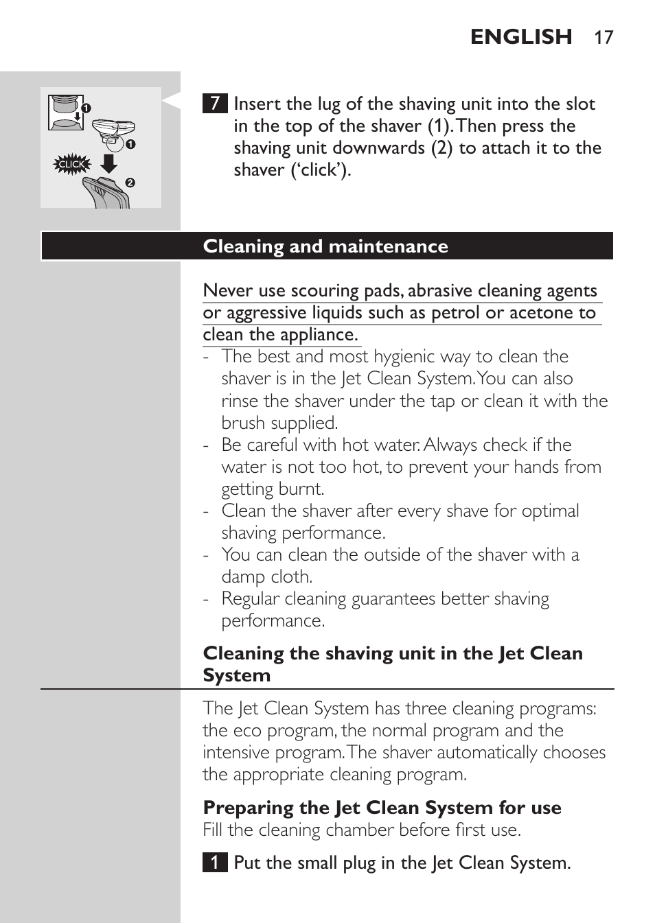 Cleaning and maintenance, Cleaning the shaving unit in the jet clean system, Preparing the jet clean system for use | Philips Elektrorasierer User Manual | Page 15 / 192