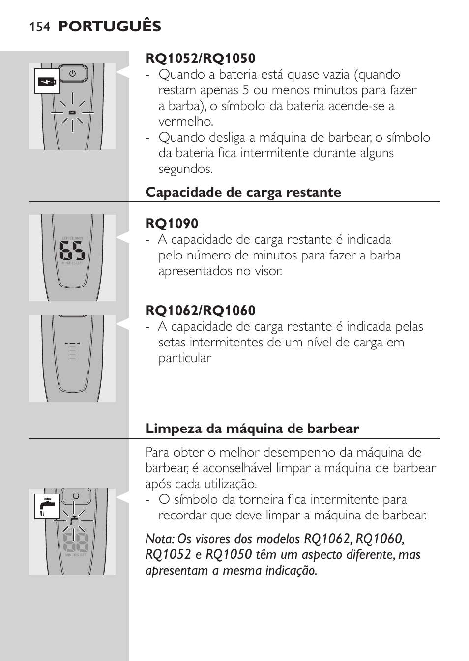 Rq1052/rq1050, Bateria fraca, Rq1090 | Rq1062/rq1060 | Philips Elektrorasierer User Manual | Page 152 / 192