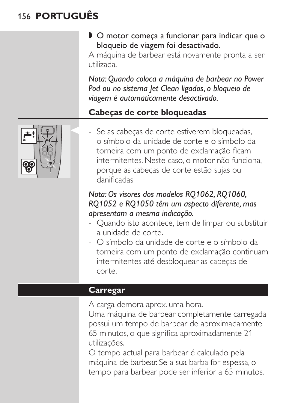 Substituição da unidade de corte, Bloqueio de viagem, Activar o bloqueio de viagem | Desactivar o bloqueio de viagem | Philips Elektrorasierer User Manual | Page 154 / 192