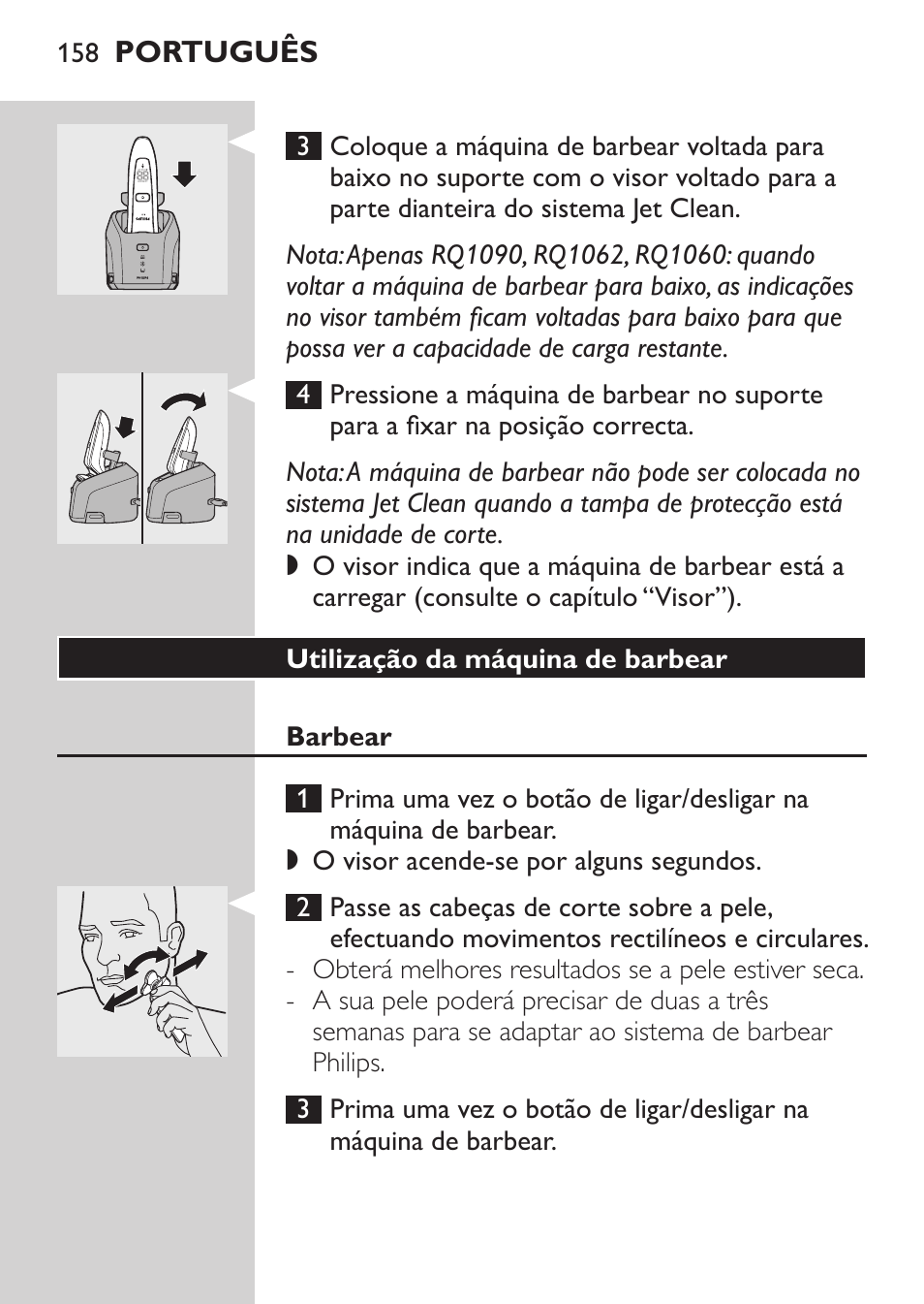 Carga rápida, Carregar no power pod, Carregar no sistema jet clean | Philips Elektrorasierer User Manual | Page 156 / 192