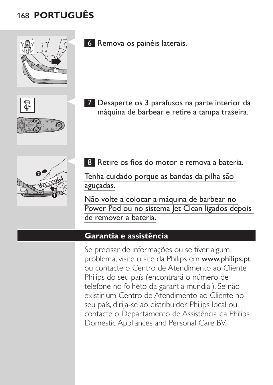 Eliminação da bateria da máquina de barbear | Philips Elektrorasierer User Manual | Page 166 / 192