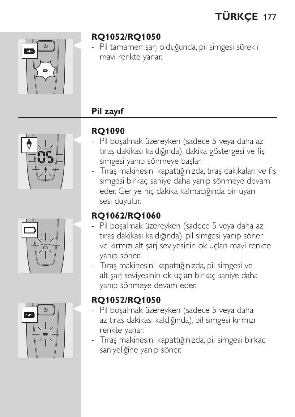 Rq1052/rq1050, Pil tamamen dolu iken, Rq1090 | Rq1062/rq1060 | Philips Elektrorasierer User Manual | Page 175 / 192